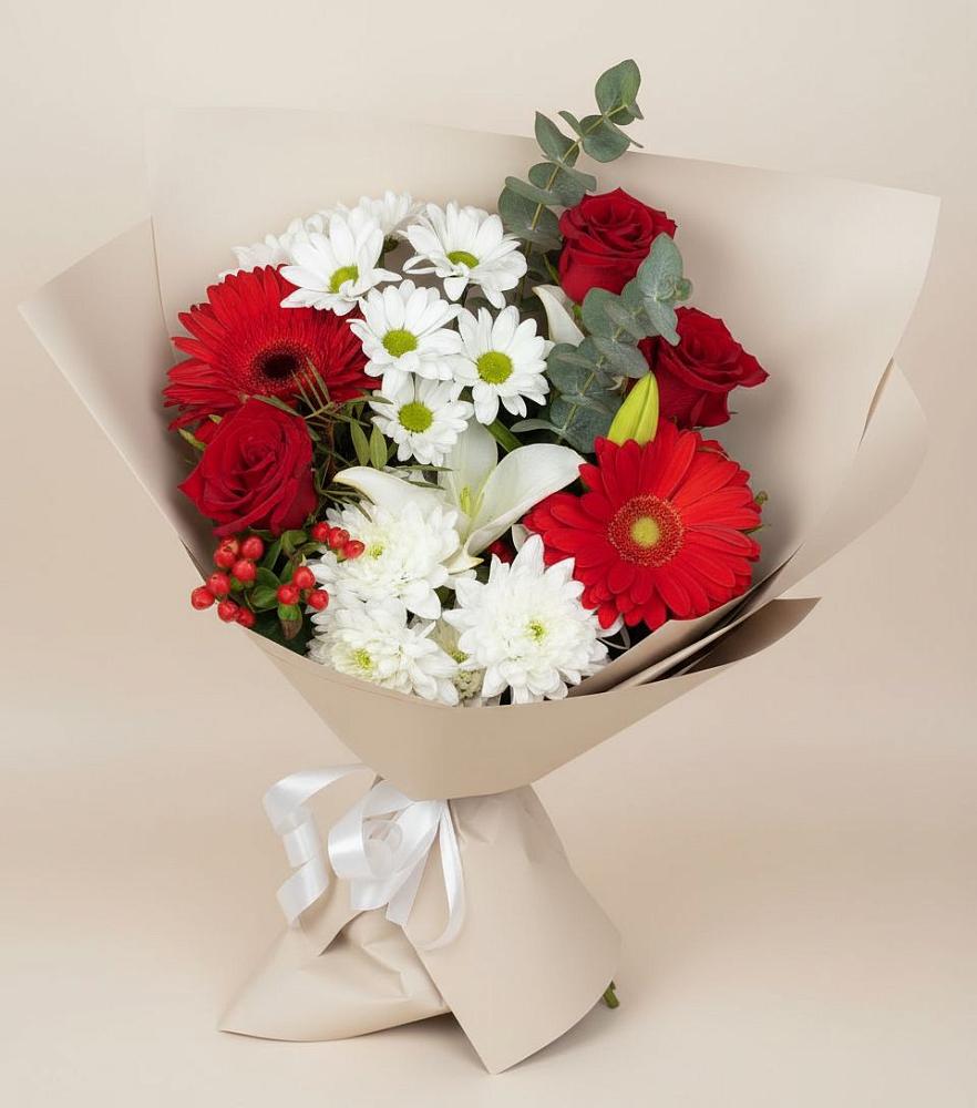Букет цветов из: Розы, Хризантемы, Герберы и Лилии в Нижний Ингаш